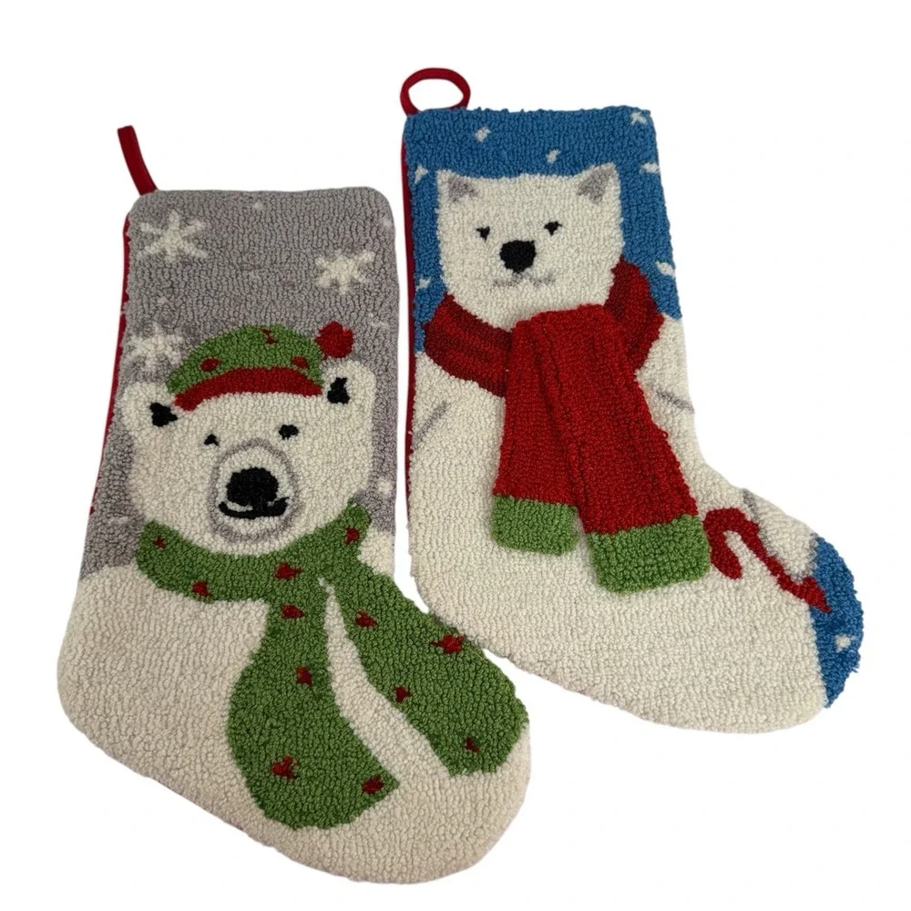 Classic Embroidered Hooked Christmas Stocking Polar Bear Scarf‎ Scarves Lot Of 2